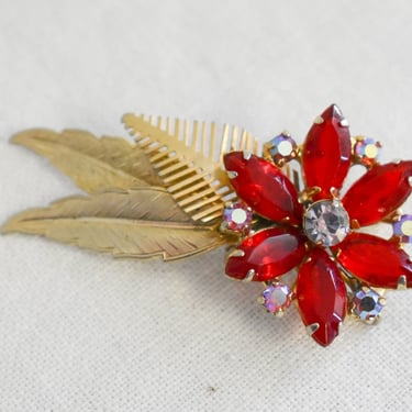 1950s/60s Red Rhinestone Flower Brooch 