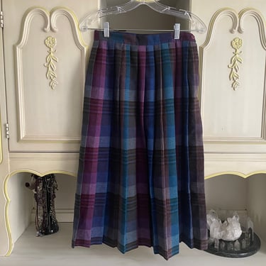 Vintage 80’s Russ blue & plum pleated skirt | wool blend high waisted skirt, VTG 10 fits S 