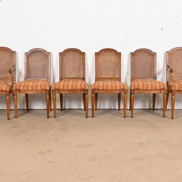 Henredon French Regency Louis XVI Carved Walnut Cane Back Dining Chairs, Set of Six