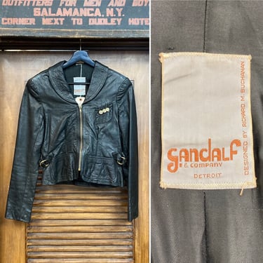 Vintage 1960’s Gandalf Detroit Black Color Mod Leather Jacket, 60’s Fitted Jacket, Vintage Hippie Rocker, East West, Vintage Clothing 