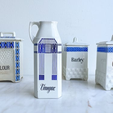 Antique Blue Stencil Vinegar Cruet Pitcher German Ceramic Blue + White Kitchen Canister Blue Oil and Vinegar Tall Narrow Pitcher Ironstone 