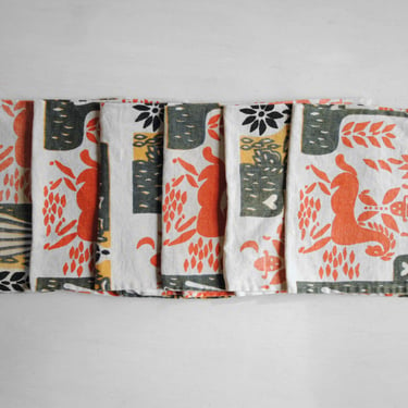 Vintage Linen Napkins with Folk Art Motif in Red, Yellow, Black and White 