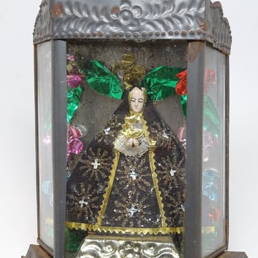 Antique  Mexican Tin Nicho Shrine Virgen de Soledad,  Vintage Virgin of Solitude, Religious Santos Folk Art 