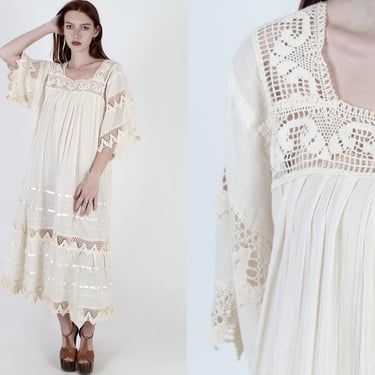 Off White Crochet Dress / Ivory Gauze Mexican Dress / Vintage 70s Lace Ethnic Dress / Zig Zag Half Bell Sleeve Festival Dress 