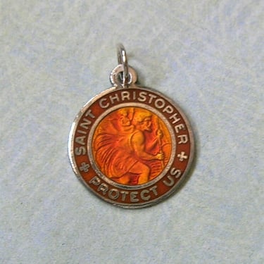 Vintage Sterling Burnt Orange Enamel Saint Christopher Pendant, Old Regina St. Christopher Medal (#4212) 