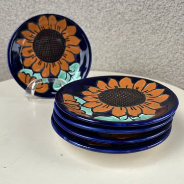 Vintage Mexican tonala pottery side plates set 5 sunflower theme 