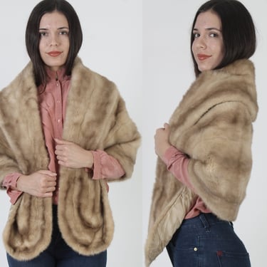 Authentic 60's Womens Real Blonde Mink Fur Stole With Pockets 