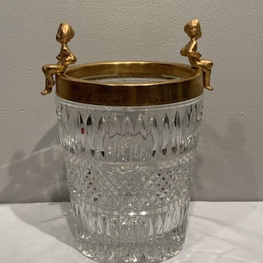 Vintage Champagne Wine Ice Bucket Crystal Glass Gold Plated Cherubs, Decorative Centerpiece, gold shelf decor, gold and crystal barware 