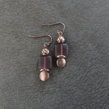 Copper and purple frosted glass earrings 