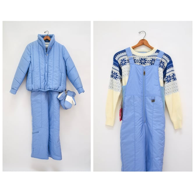 70s 80s Snow Suit PufferJacket Ski pants Intarsia Sweater and Mittens set Blue White by Skimo Susies Casuals Small Medium Ski Pants and Coat 