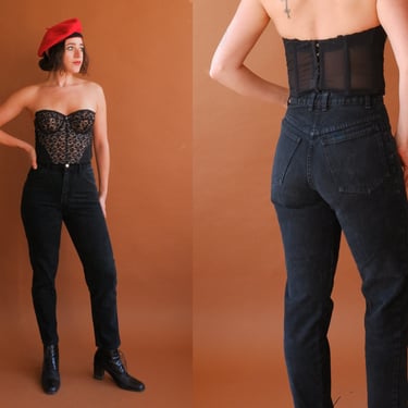 Vintage 90s Black GAP Denim/ 1990s High Waisted Tapered Leg Stonewashed Jeans/ Size 26 