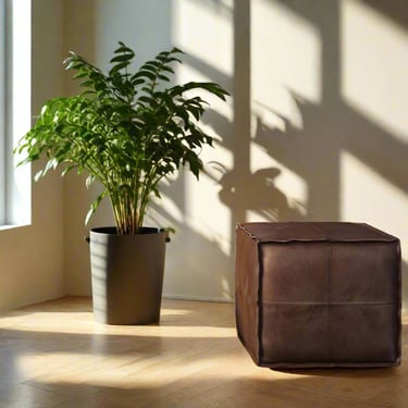 Brody Boho Square Pouf in Distressed Dark Brown Vegan Faux Leather FFW258-621