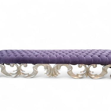 NEW - Vintage Christopher Guy Scrolled Silver Gilded Mahogany Base Original Royal Purple Tufted Velvet Bench