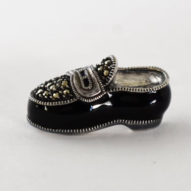 80's Judith Jack sterling marcasite black enamel loafer brooch, 925 silver pyrite JJ novelty shoe pin 