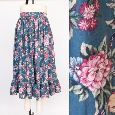 1980s Full Skirt Floral Cotton Ruffled S 