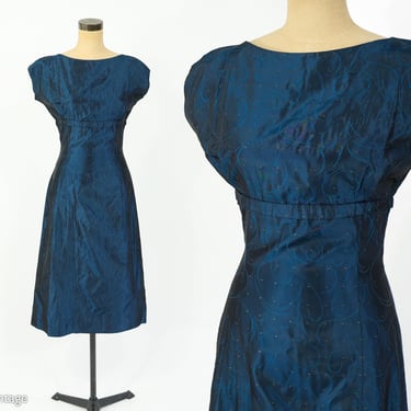 1950s Navy Taffeta Cocktail Dress | 50s Navy Blue Taffeta Dress | Medium 