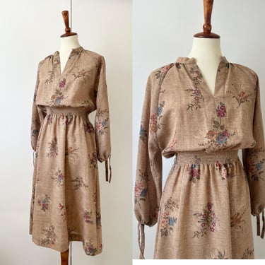 vintage linen brown floral long sleeve hippie dress size small 