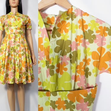 Vintage 50s/60s Flower Power Print Cotton Dolman Sleeve Dress Size XXS 24 Waist 