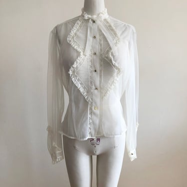 Sheer Ivory Nylon Blouse with Pintucks, Lace Trim and Rhinestone Buttons - 1950s 