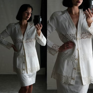 Vintage 80s FENDI White Cotton Drop Shoulder Skirt Suit w/ Lace Stripe & Gold Framed Buttons | Made in Italy | 1980s LAGERFELD Designer Suit 