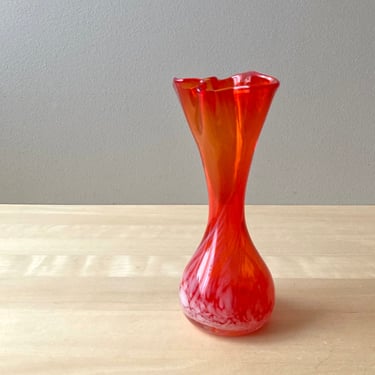 mid century orange art glass pinched bud vase ruffled top 