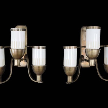 Pair of Art Deco White Glass Shade 3 Arm Bronze Wall Sconces
