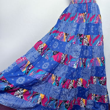 1970's Gauze Patchwork Full Long Maxi SKIRT, Hippie, Boho, Vintage Dress, Cotton Bandana Fabric, Elastic Waistband Blue Red 