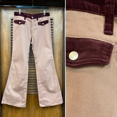 Vintage 1970’s w32 Two-Tone Mod Glam Brushed Cotton x Velvet Flare Denim Jeans Pants, 70’s Vintage Clothing 