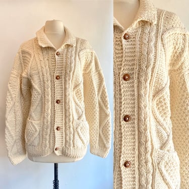 Vintage Hand Knit FISHERMAN CARDIGAN SWEATER / Pockets + Wooden Buttons 