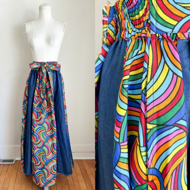 Vintage Rainbow and Faux Denim Maxi Skirt / M-L 