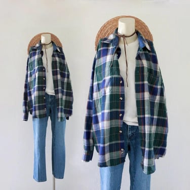 flannel shirt-jacket - vintage 90s y2k unisex long sleeve blue shacket button front plaid check fall mens womens 