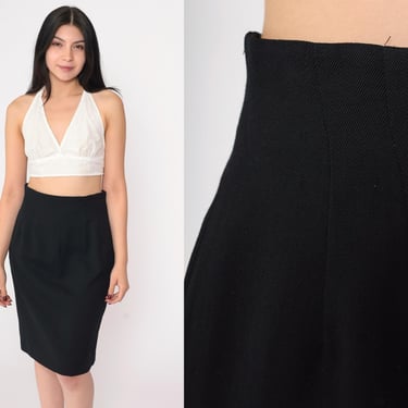 90s Black Pencil Skirt High Waisted Wiggle Midi Skirt Retro Basic Professional Secretary Academia Plain Simple Vintage 1990s Small 