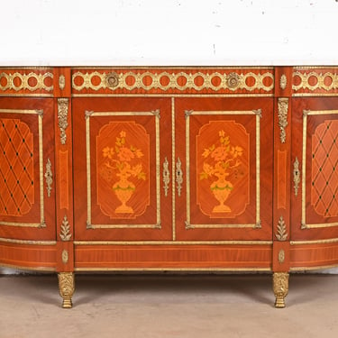 French Regency Louis XVI Kingwood Inlaid Marquetry Marble Top Bronze Mounted Sideboard