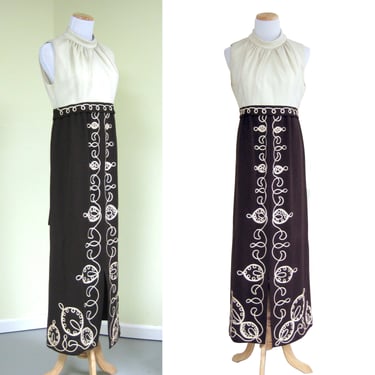 Mod Vintage Maxi Dress with High Neckline and Spanish Style Embroidered Detail, Dark Brown and Ivory Dress, Ankle Length, Toni Lynn Tag 