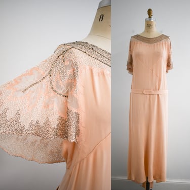 1930s Peachy-Pink Dress with Sheer Beaded Capelet Sleeves 