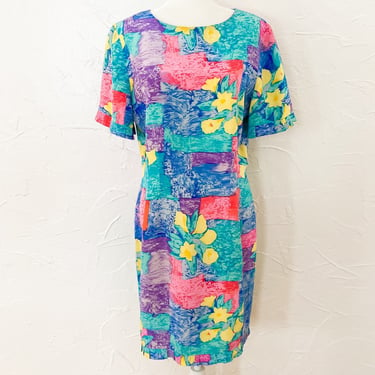 90s Liz Claiborne Silk Shift Dress with Colorful Daffodil Print | Medium/Large 