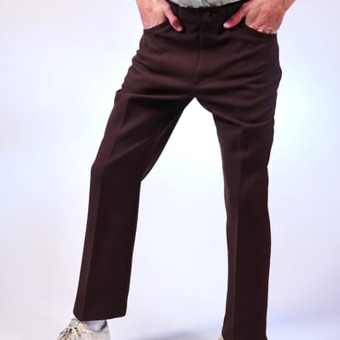 70s Lee Brown Pants Vintage Men Mid High Rise Polyester Trousers 36