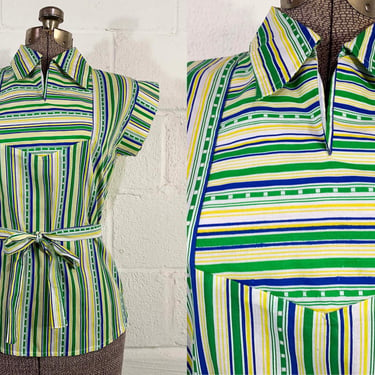 Vintage Striped Blouse Tie Waist Top Shirt Tunic Exclusive Imports Green Navy Blue Yellow Cap Sleeves Mod Belted 1970s 70s Small 