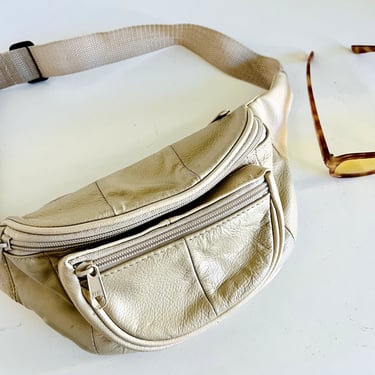 Vintage 90s White Genuine Leather Cargo Utility Small Crossbody Fanny Pack 