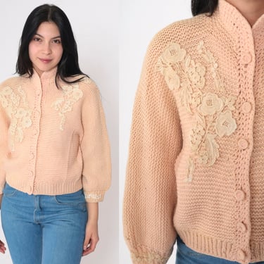 60s Floral Cardigan Pink Wool Button up Knit Sweater Beaded Lace Flower Applique Grandma Retro Girly Preppy Knitwear Vintage 1960s Small S 
