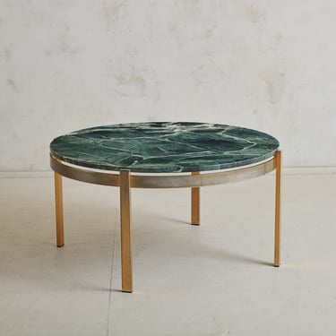Modern Green Marble Top + Chrome Base Round Coffee Table, 20th Century