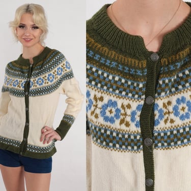 Floral Icelandic Cardigan 80s Wool Button up Knit Sweater Cream Blue Green Checkered Print Grandma Fair Isle Knitwear Vintage 1980s Small S 