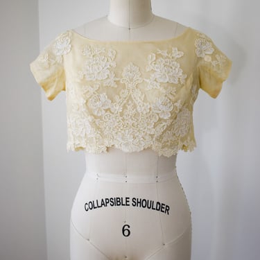 Vintage 1980s Silk and Lace Organza Crop Top | XS | 1980s/1990s Semi-Sheer White Silk Blouse with Buttons up the Back | Bridal | Wedding 