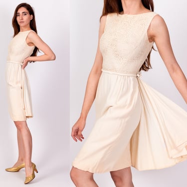 60s Ivory Draped Train Party Dress, As Is - XXS | Vintage Another Ann Barry Retro Lace Party Dress 