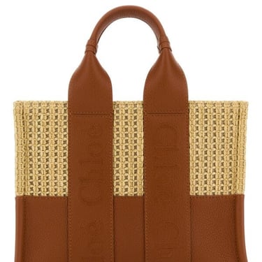 Chloe Woman Two-Tone Raffia And Leather Small Woody Shopping Bag