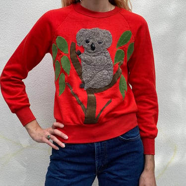 Vintage Koala Sweatshirt Pullover / Button Eyes and Fork Hands Appliqué Sweater 