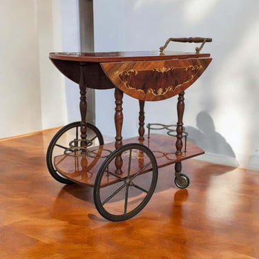 Inlaid Italian drop leaf bar cart C 1960, Floral Inlay Rolling Bar Tea Cart, Brass Hardware, Sorrento, Italy 