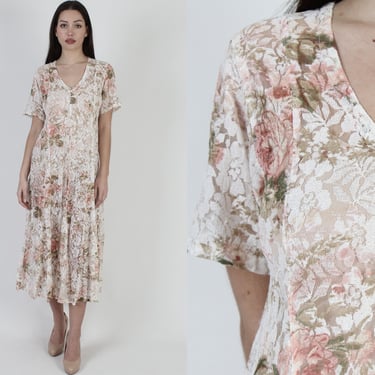 90s Muted Rose Floral Dress / Womens Sheer Ivory Lace Gypsy Dress / 1990s Flower Print Festival Party Maxi Dress 