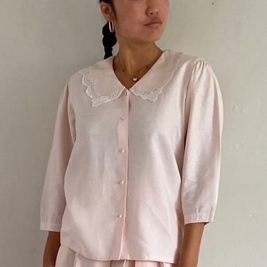 90s linen blouse / vintage romantic blush pink linen puff sleeve batwing sailor collar Ellen Tracy blouse | Medium 