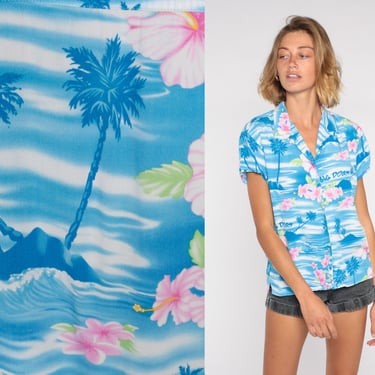 Tropical Floral Shirt Blue Hawaiian Print Blouse Button Up Big Dogs Palm Tree Hibiscus 90s Vintage Surfer Short Sleeve Top 1990s Small S 